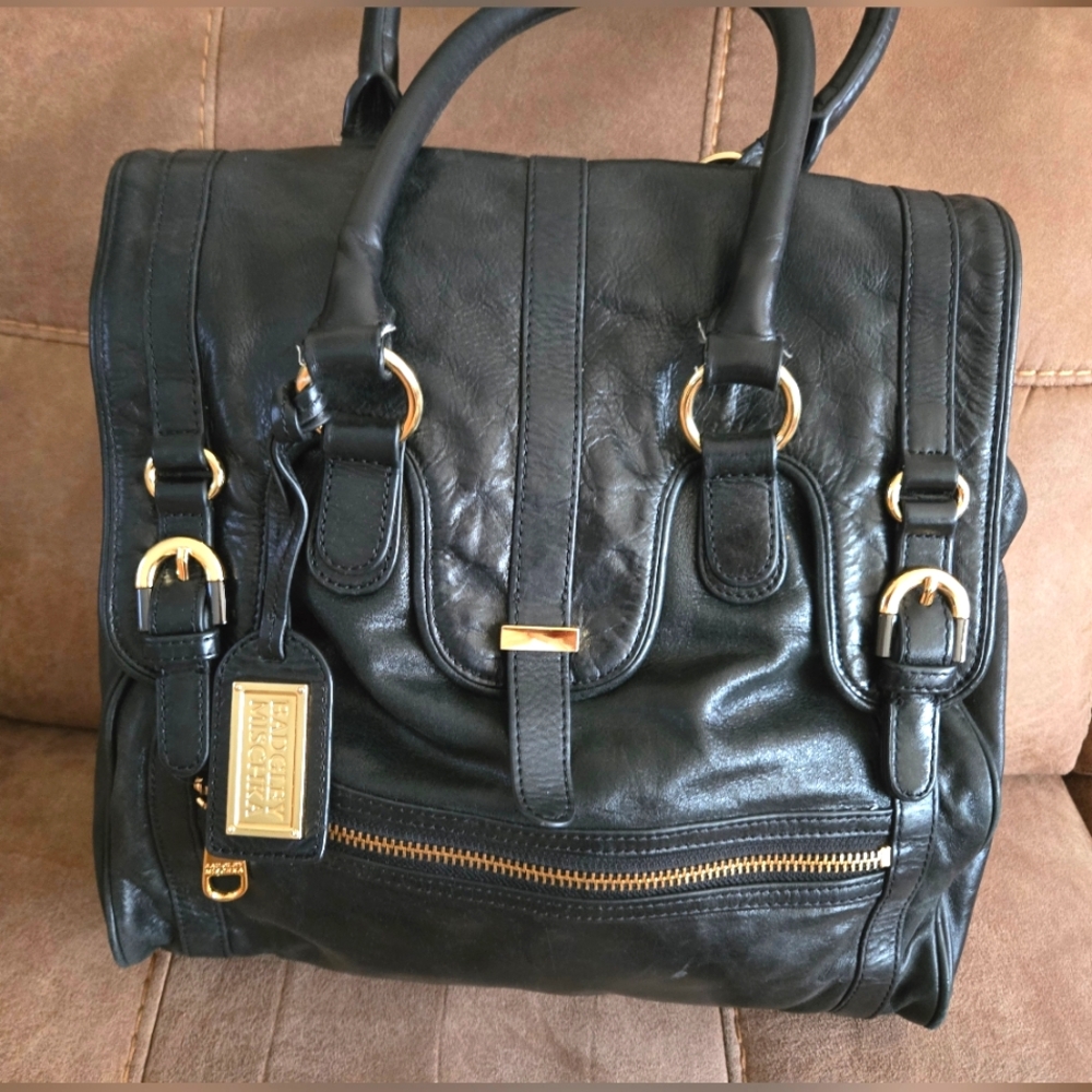 Badgley Mischka "Cherise" Black Leather Satchel - Very Good Condition